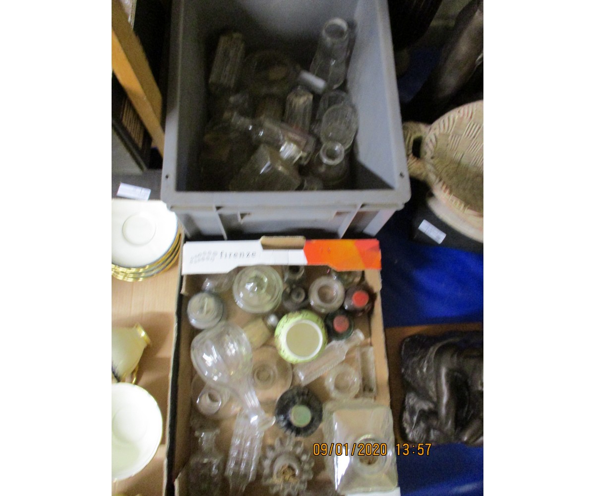 TWO BOXES CONTAINING MIXED VARYING SIZED GLASS BOTTLES ETC