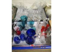 BLUE CUT GLASS JUG AND TWO BEAKERS TOGETHER WITH MIXED DECANTERS, PEDESTAL BOWLS ETC (2)