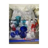 BLUE CUT GLASS JUG AND TWO BEAKERS TOGETHER WITH MIXED DECANTERS, PEDESTAL BOWLS ETC (2)