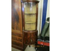 REPRODUCTION MAHOGANY BOW FRONTED GLAZE TOP FULL HEIGHT CORNER CUPBOARD ON SPLAYED SUPPORTS, 50CM