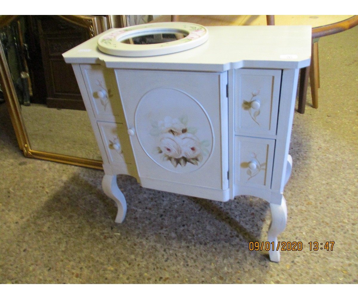 PAINTED SIDEBOARD CENTRALLY FITTED WITH CUPBOARD DOOR, FLANKED EITHER SIDE BY TWO DRAWERS RAISED