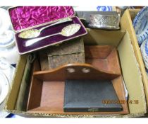 BOX CONTAINING MIXED SILVER PLATED WARES, CASED PAIR OF BERRY SPOONS, CUTLERY, TRAY ETC