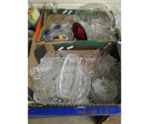 TWO BOXES OF MIXED GLASS WARES, DECANTERS, BOWLS, ETC (2)