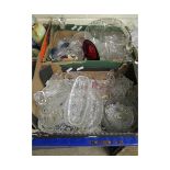 TWO BOXES OF MIXED GLASS WARES, DECANTERS, BOWLS, ETC (2)