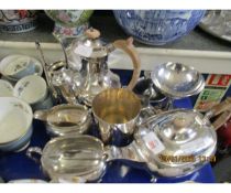 FOUR PIECE SILVER PLATED TEA SET AND A SILVER PLATED TANKARD, PEDESTAL BOWL ETC