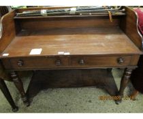 VICTORIAN MAHOGANY SIDE TABLE WITH TWO DRAWERS WITH OPEN SHELF WITH TURNED KNOB HANDLES