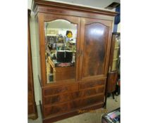 EDWARDIAN MAHOGANY AND SATINWOOD BANDED WARDROBE WITH ONE MIRRORED DOOR AND PANELLED DOOR ABOVE