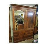 EDWARDIAN MAHOGANY AND SATINWOOD BANDED WARDROBE WITH ONE MIRRORED DOOR AND PANELLED DOOR ABOVE