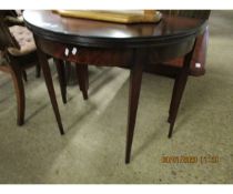 MAHOGANY EFFECT DEMI-LUNE FOLD-OVER CARD TABLE ON TAPERING SQUARE LEGS