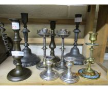 MIXED LOT OF BRASS CANDLESTICKS, FURTHER ENAMEL CANDLESTICKS, A PAIR OF SILVER SQUAT CANDLESTICKS