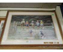 TWO PINE FRAMED PRINTS OF CHILDREN