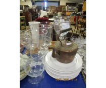 SET OF THREE MODERN GLASS VASES, AN OVERSIZED WINE GLASS (A/F), WHITE GLAZED PLATES ETC