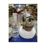 SET OF THREE MODERN GLASS VASES, AN OVERSIZED WINE GLASS (A/F), WHITE GLAZED PLATES ETC