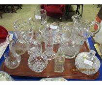 TRAY CONTAINING MIXED CUT GLASS JUGS ETC