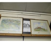 WATERCOLOUR OF A BARN BY DAVID BALDER, PLUS MIXED PRINTS, MAPS ETC