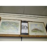 WATERCOLOUR OF A BARN BY DAVID BALDER, PLUS MIXED PRINTS, MAPS ETC