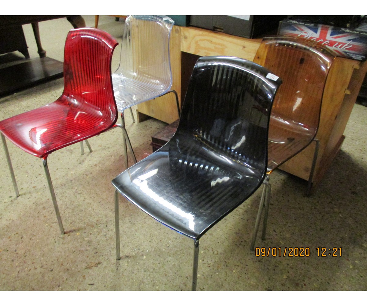 SET OF FOUR MODERN MULTI-COLOURED PRESSED PLASTIC CHAIRS