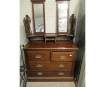 WALNUT TRIPLE MIRROR BACK DRESSING CHEST WITH TWO OVER TWO FULL WIDTH DRAWERS WITH DECORATIVE