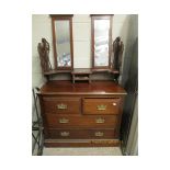 WALNUT TRIPLE MIRROR BACK DRESSING CHEST WITH TWO OVER TWO FULL WIDTH DRAWERS WITH DECORATIVE