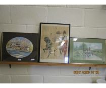 TWO HUNTING PRINTS AND A FURTHER OVAL WATERCOLOUR (3)