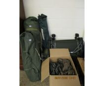 LARGE QUANTITY OF MIXED FISHING EQUIPMENT TO INCLUDE TENT, CAMPING STOOL, BEDS ETC