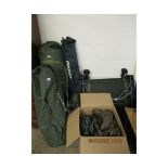 LARGE QUANTITY OF MIXED FISHING EQUIPMENT TO INCLUDE TENT, CAMPING STOOL, BEDS ETC