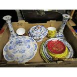PAIR OF GOOD QUALITY DELFT CANDLESTICKS, BLUE AND WHITE PRINTED PLATES, A FURTHER TUREEN AND COVER