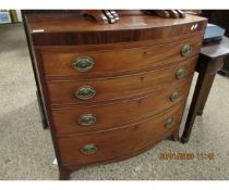 19TH CENTURY MAHOGANY BOW FRONTED FOUR FULL WIDTH DRAWER CHEST ON SPLAYED BRACKET FEET