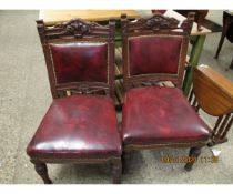 PAIR OF EDWARDIAN WALNUT CARVED LARGE DINING CHAIRS WITH RED LEATHER UPHOLSTERY