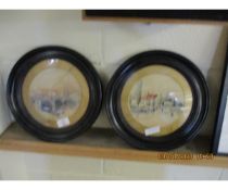 PAIR OF CIRCULAR WATERCOLOURS OF NORWICH IN EBONISED FRAMES