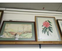 PRINT OF FLOWERS TOGETHER WITH A FURTHER WATERCOLOUR OF A BRIDGED RIVER SCENE