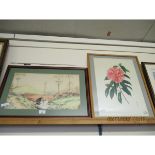 PRINT OF FLOWERS TOGETHER WITH A FURTHER WATERCOLOUR OF A BRIDGED RIVER SCENE