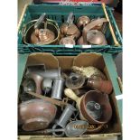 TWO BOXES OF MIXED COPPER WARES, PEWTER WARES ETC