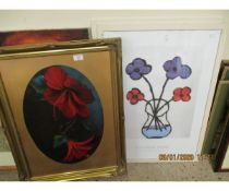 GILT FRAMED OIL OF FLOWERS TOGETHER WITH TWO RICHARD SPEAR POSTERS (3)