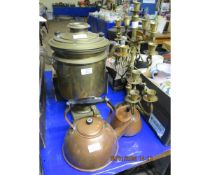 TEA URN, A FURTHER COPPER KETTLE AND A BRASS MULTI-ARMED CANDLE STAND (4)