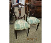 SET OF FOUR EDWARDIAN SPLAT BACK DINING CHAIRS WITH UPHOLSTERED SEATS
