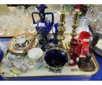 TRAY CONTAINING BRASS CANDLESTICKS, PORCELAIN PIN CUSHION, DOLLS, AUGUSTUS REX CUPS AND SAUCERS ETC