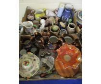 TWO BOXES OF LUSTRE GLAZED JUGS, CARNIVAL CRIMPED GLASS BOWL, MIXED CHINA WARES ETC