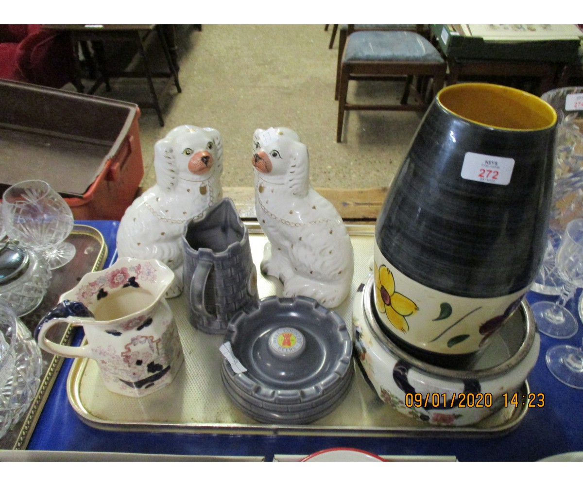 TRAY CONTAINING A PAIR OF STAFFORDSHIRE DOGS, LARGE VASE ETC