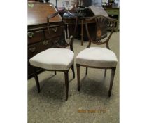 TWO EDWARDIAN SHIELD BACK DINING CHAIRS WITH CREAM UPHOLSTERED SEATS (2)