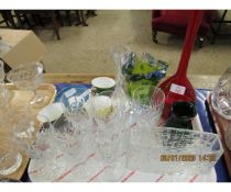 TRAY CONTAINING SIX CUT GLASS WINE GLASSES, ADDERLEY COFFEE CANS AND SAUCERS ETC