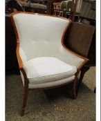 RETRO STYLE BEECHWOOD SPLAYED ARMCHAIR WITH CREAM UPHOLSTERED SEAT AND SHAPED BACK
