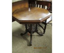 WALNUT AND SATINWOOD INLAID HEXAGONAL TOP SIDE TABLE ON FOUR TURNED COLUMNS AND A SPLAYED QUATREFOIL