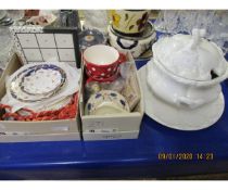 WHITE TUREEN AND STAND TOGETHER WITH A QUANTITY OF ASSORTED PLATES ETC