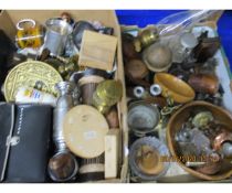 TWO BOXES CONTAINING MIXED LAMPS, TURNED WOODEN BOWL, PEWTER WARES ETC (2)