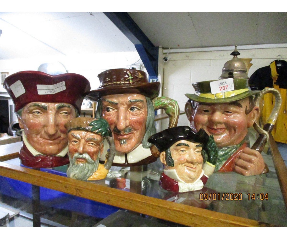 BESWICK JOHN WELLER CHARACTER JUG AND FOUR ROYAL DOULTON CHARACTER JUGS TO INCLUDE THE CARDINAL,