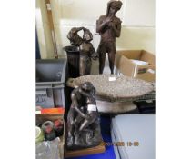 BRONZED MODEL OF A CAVORTING COUPLE AND A TWO-HANDLED BOWL, TWO FURTHER BRONZED FIGURES AND A