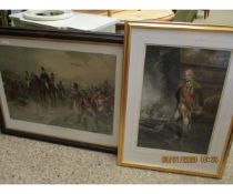 COLOURED PRINT ENTITLED WELLINGTON AT WATERLOO TOGETHER WITH A FURTHER PRINT OF NELSON IN A GILT