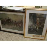 COLOURED PRINT ENTITLED WELLINGTON AT WATERLOO TOGETHER WITH A FURTHER PRINT OF NELSON IN A GILT