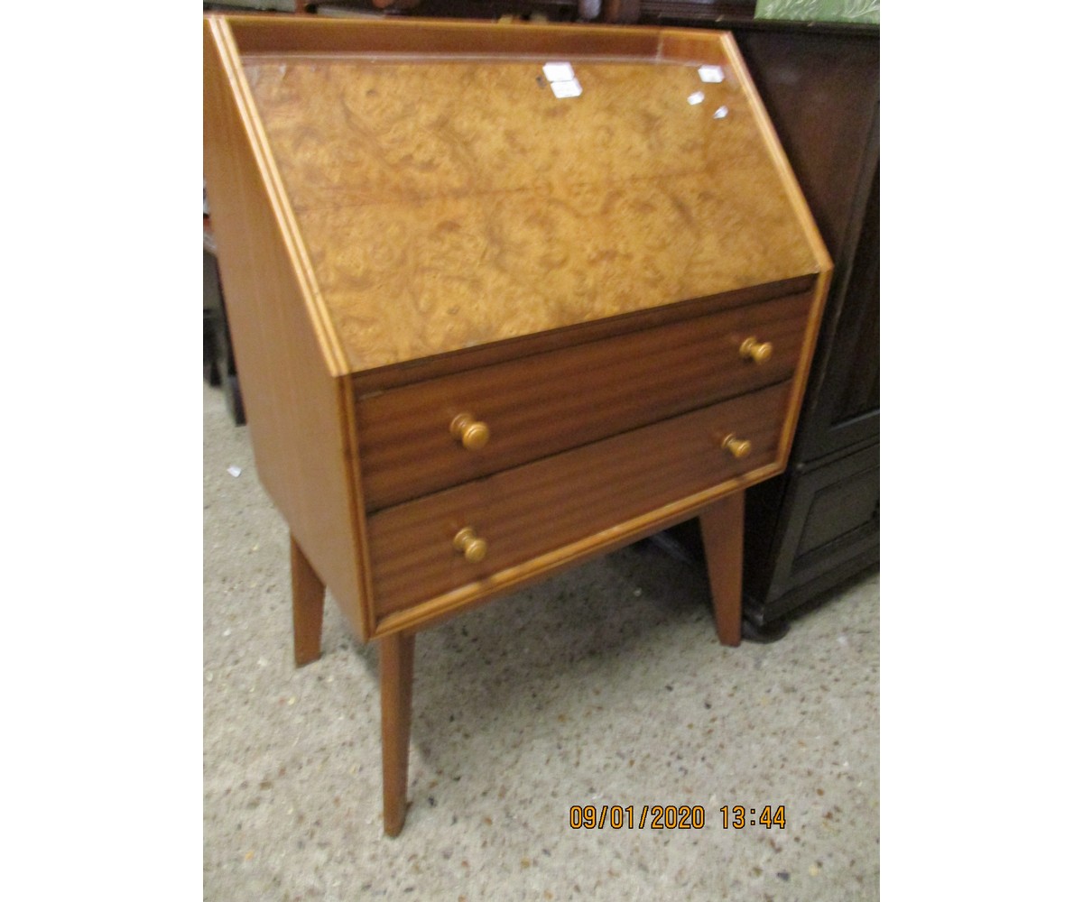 TEAK FRAMED WALNUT DROP FRONTED BUREAU WITH TWO DRAWERS ON SPLAYED LEGS